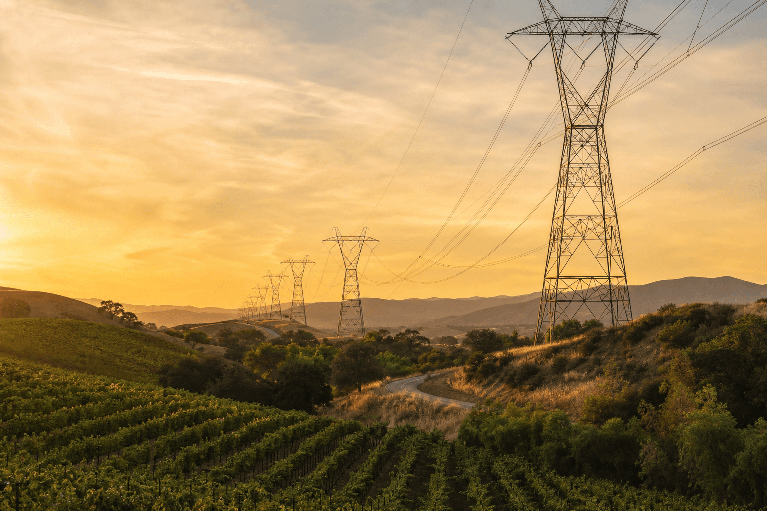 Tall 500-kV electrical transmission towers and lines running across rolling hills near Temecula Creek and SR 79.