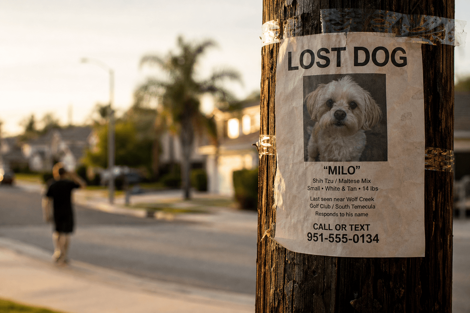 Lost pet Temecula flyer on residential street pole