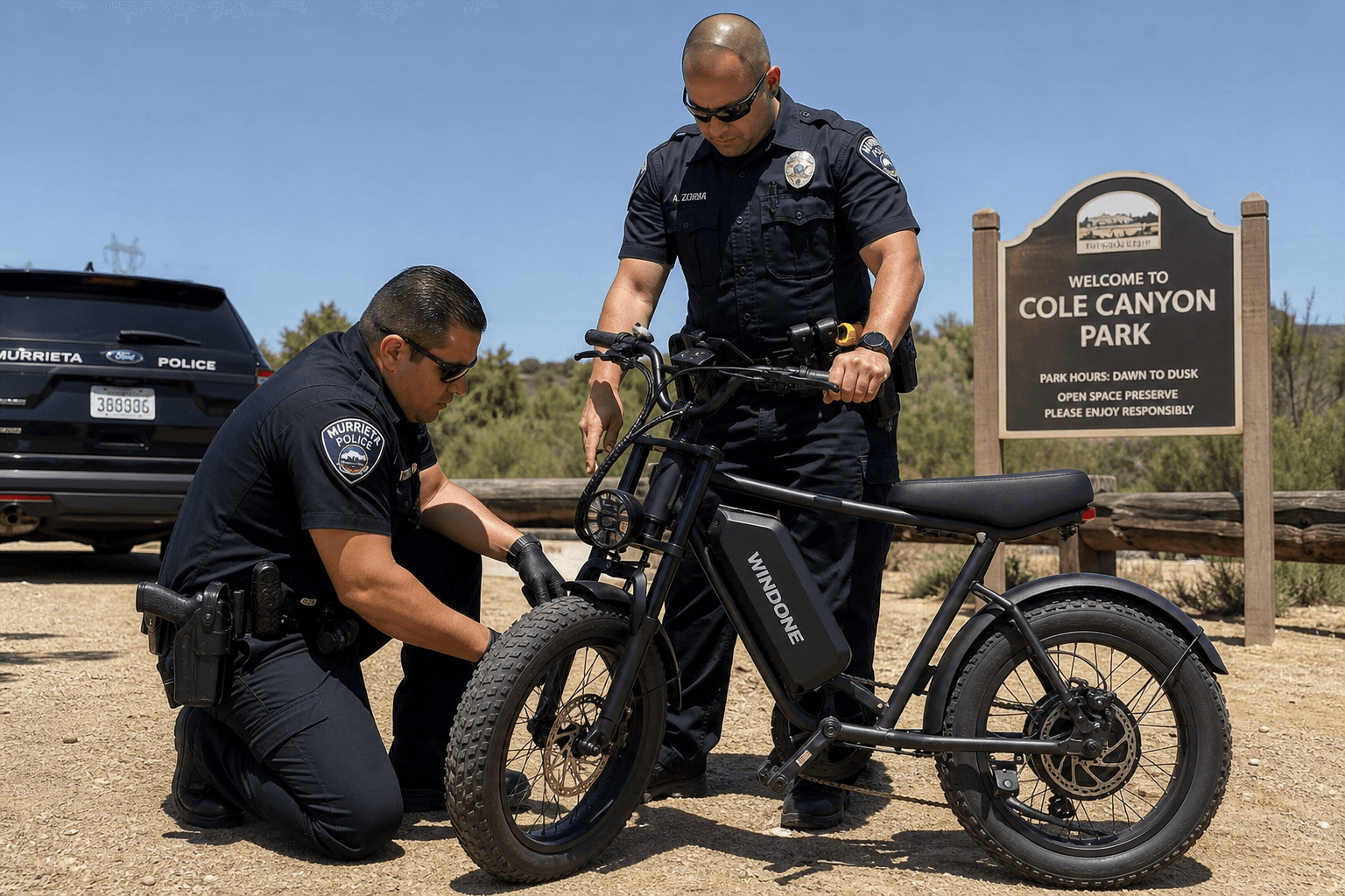 Murrieta police officers inspecting a teen's e-bike at Cole Canyon Park during an enforcement operation.
