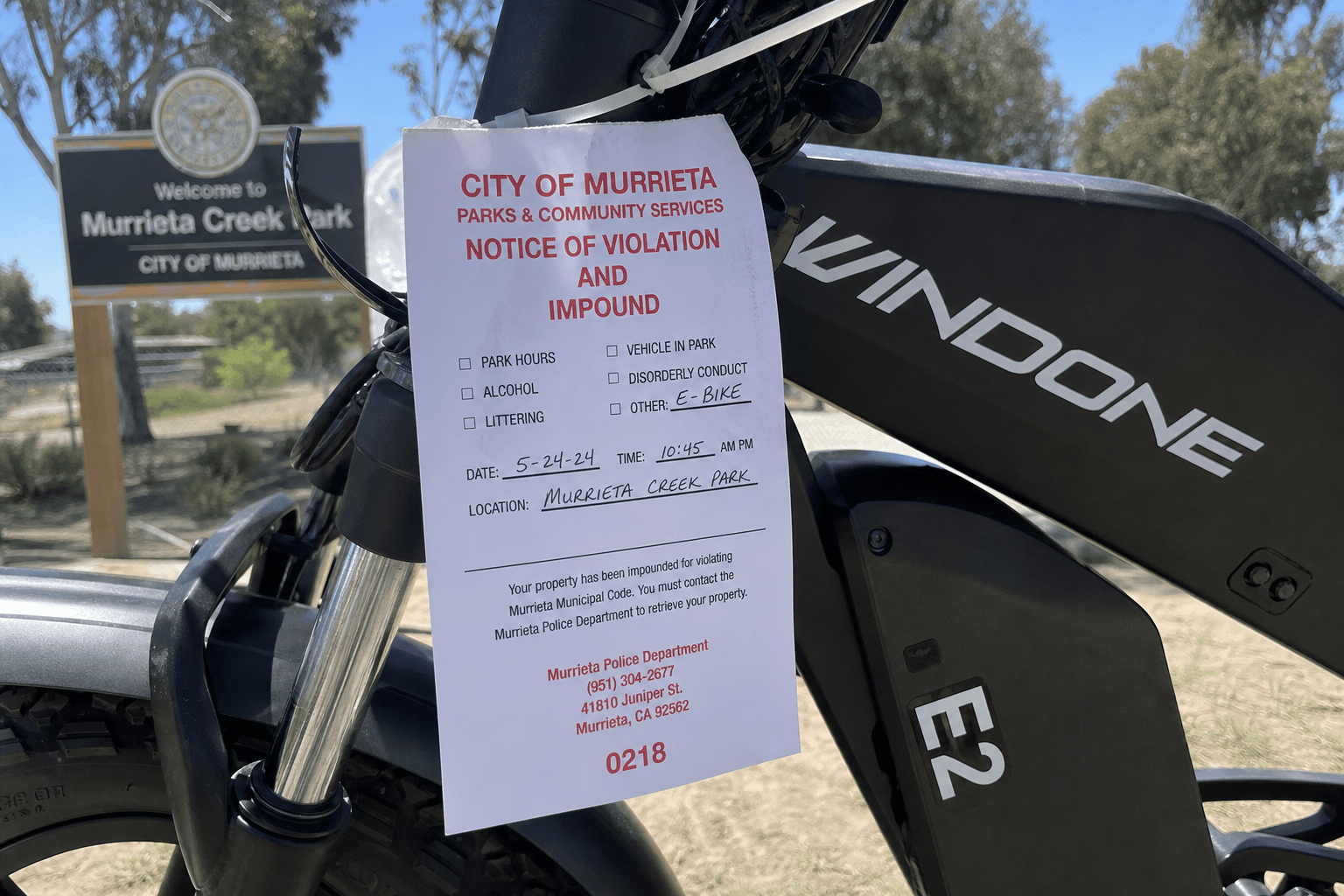 Murrieta police e-bike enforcement citation at park