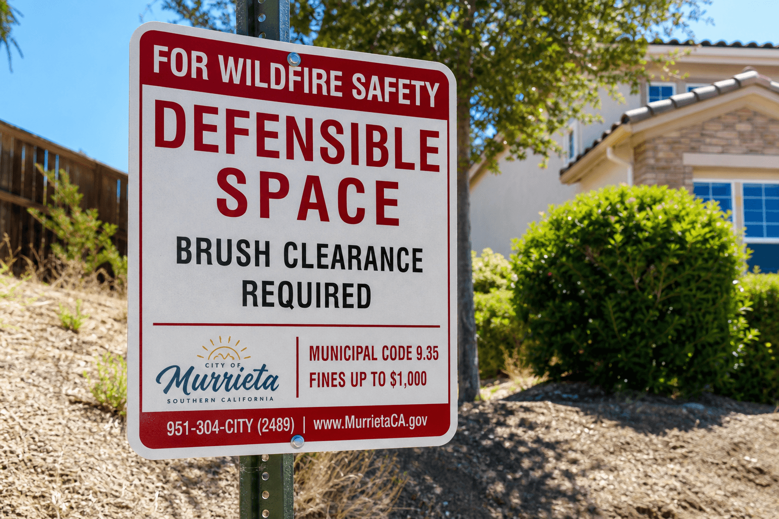 Close-up of a green defensible space and brush clearance instruction sign posted near a Murrieta residential property.