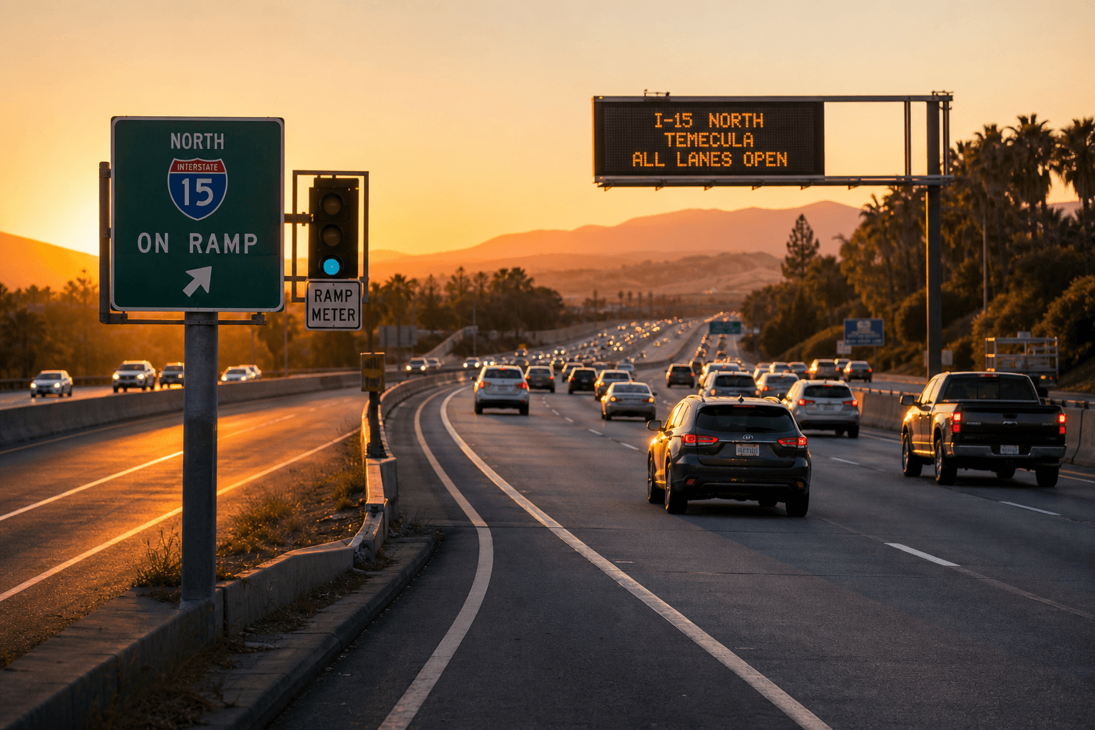 Northbound I-15 in Temecula with a lit ramp meter signal controlling cars entering the freeway.