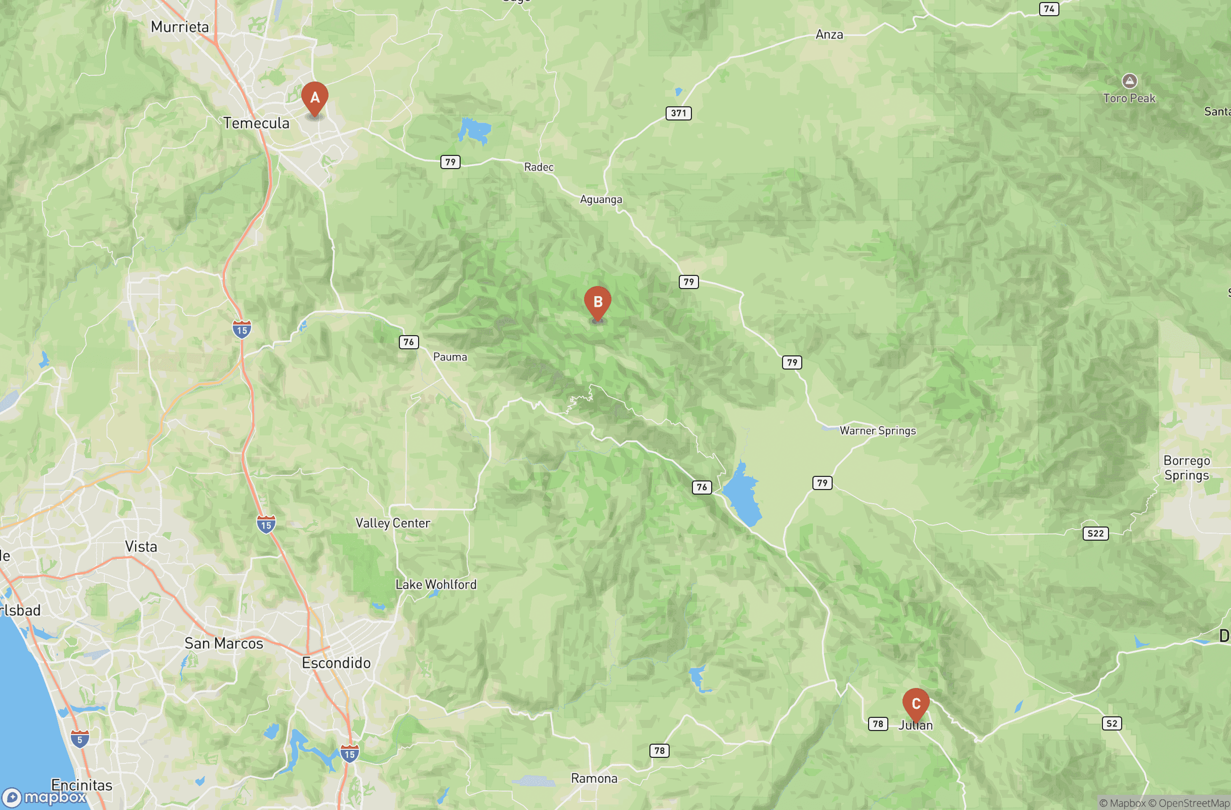 Map of Temecula-area skywatching spots: South Coast Winery, Palomar Observatory, and Julian dark-sky community.