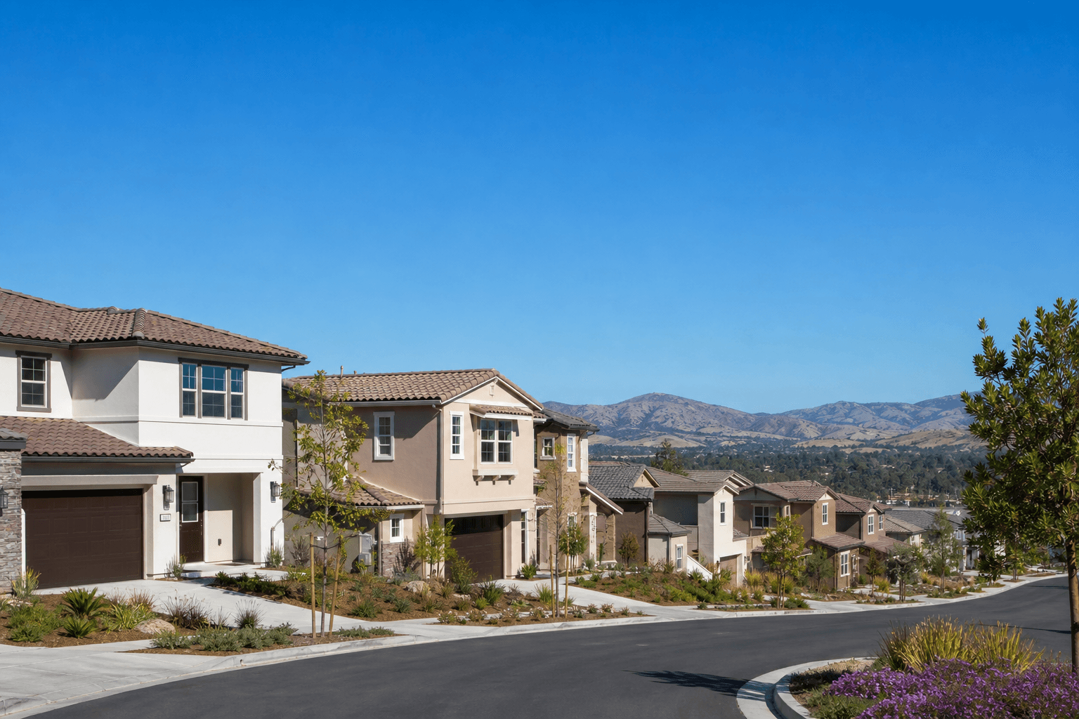 Newly constructed single-family homes lining a hillside street in south Temecula under a clear blue sky.