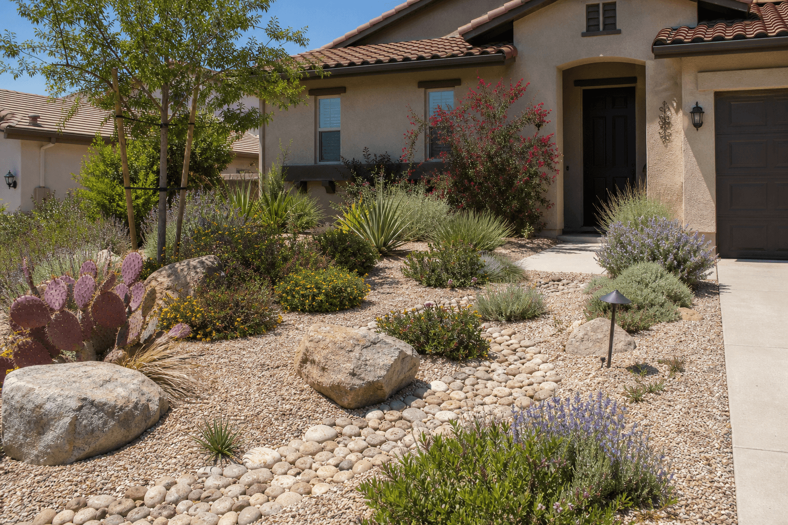 Temecula home front yard landscaped with gravel and climate-appropriate native plants instead of grass lawn.